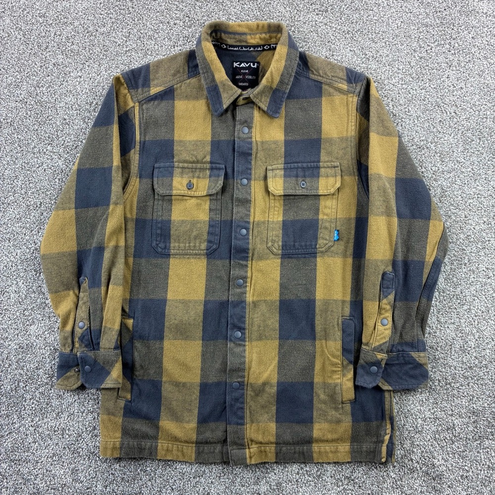 KAVU Flannel Shirt Mens Medium Yellow‎ Buffalo Plaid Snap Button Jacket Heavy